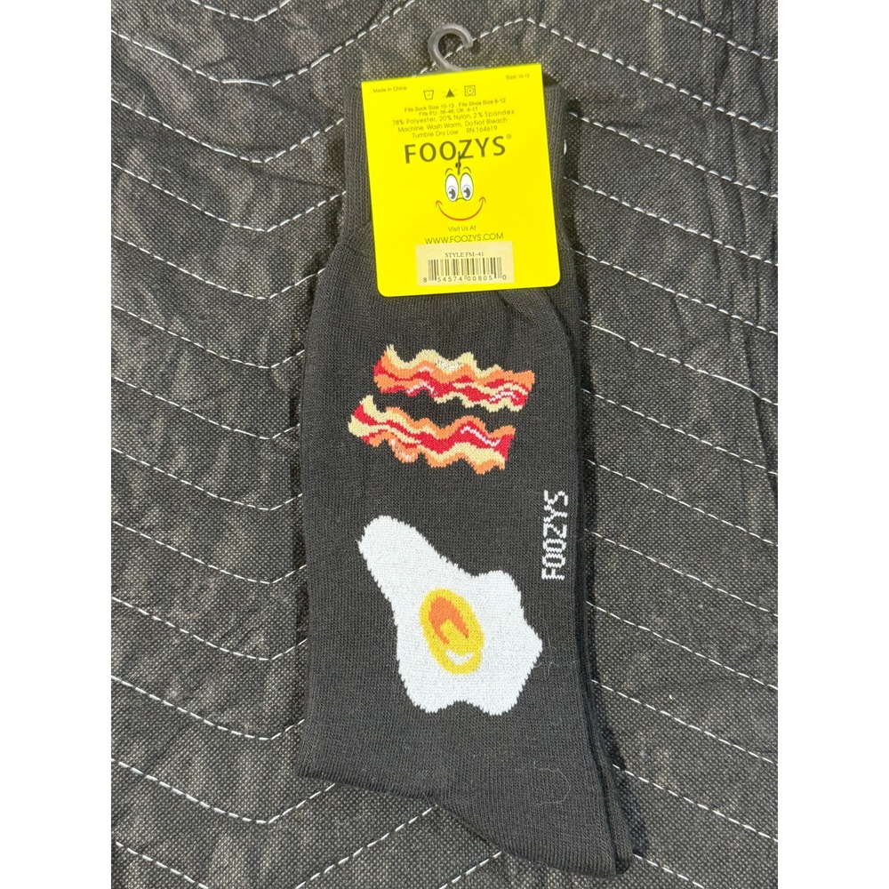 Foozys Bacon & Eggs Socks Mens 10-13 Black New Novelty Breakfast Food Crew Sock - Picture 2 of 3